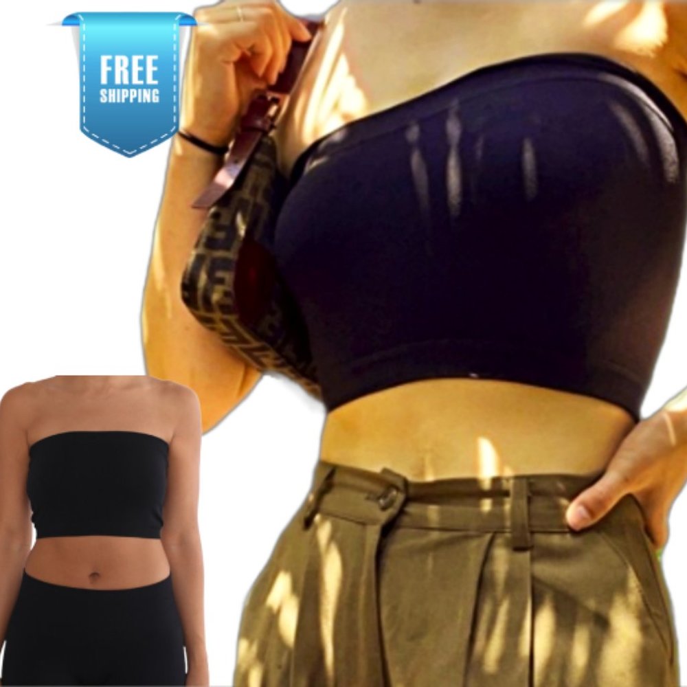 (NEW) Seamless Active Flexible Womens Band on Crop Tube Top  - Black / One Size